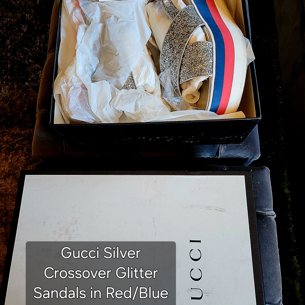 Gucci Glitter Sandals with Red and Blue Straps